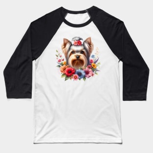 A yorkshire terrier with beautiful colorful flowers Baseball T-Shirt